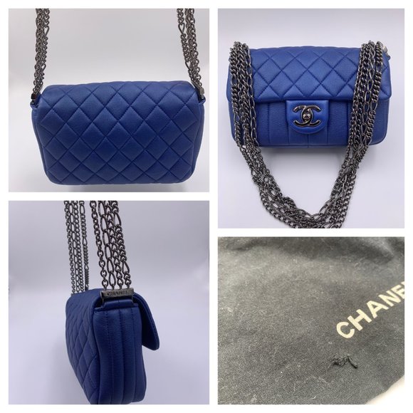 Authentic CHANEL CC Calfskin Blue Mini Flap Shoulder Bag/Ruthenium Hardware - Picture 8 of 11